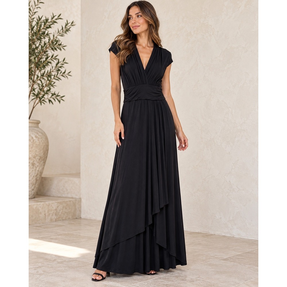 Maeve Anthropologie Maxi Dress Large Black V Neck Ruched Layered Draped